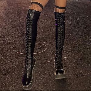 Thigh high lace up platform black boots